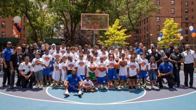 Dozens of NYCHA youth from across the city were joined by Junior Knicks staff and NYCHA and NYPD representatives to celebrate the start of the new league season.